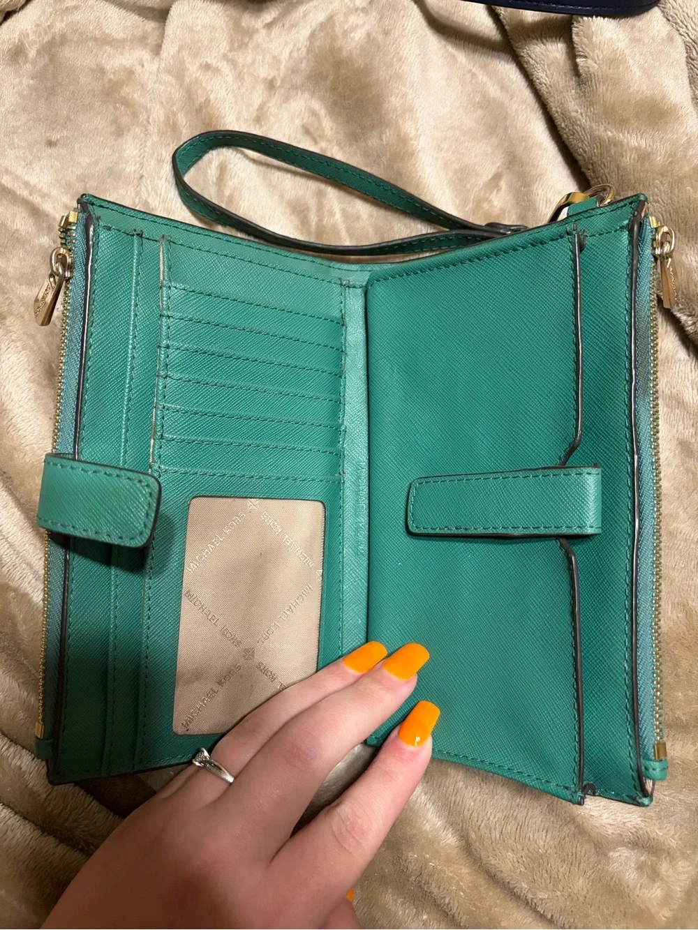 MICHAEL KORS Green Teal Wristlet Clutch with Gold Logo